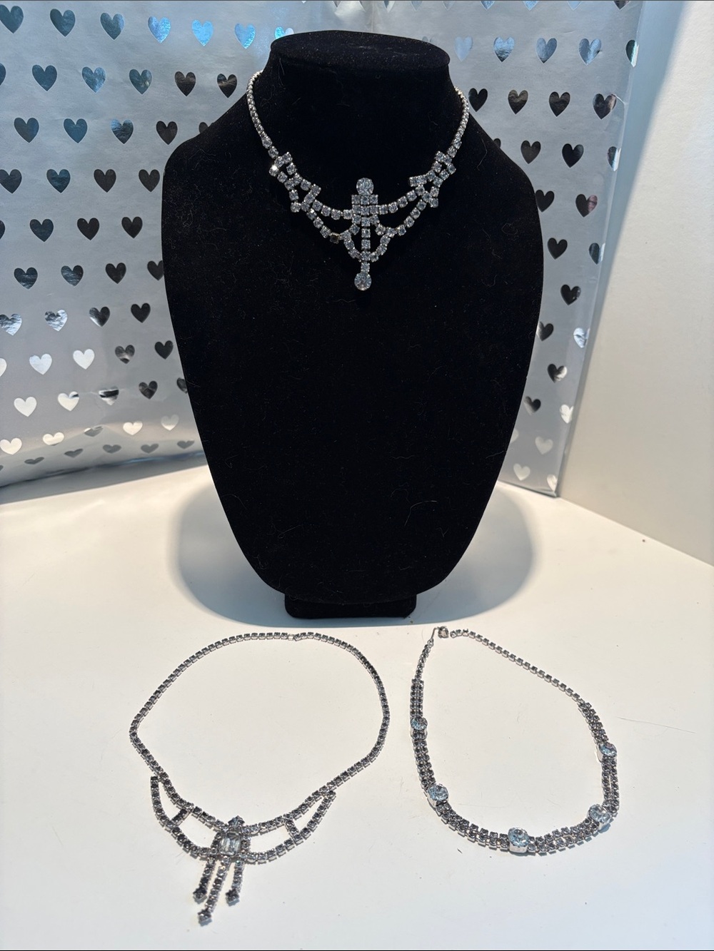 Lot of 3 Crystal Statement Necklaces - Silver Tone (costumes only)